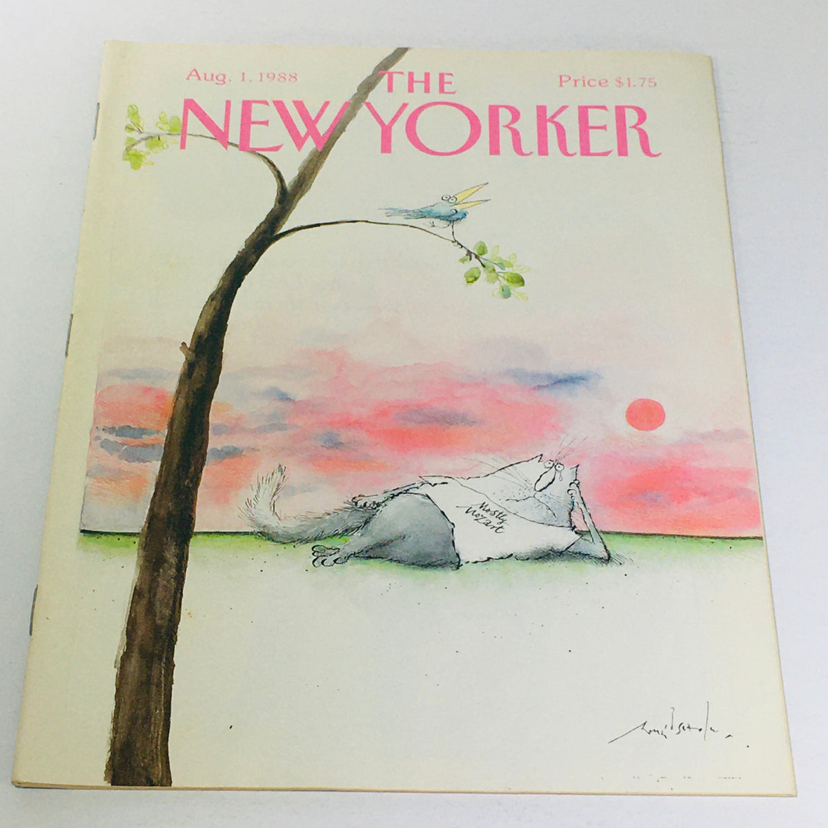 Cover of The New Yorker: August 1, 1988, featuring whimsical illustration by Ronald Searle, depicting a relaxed cat under a tree at sunset.