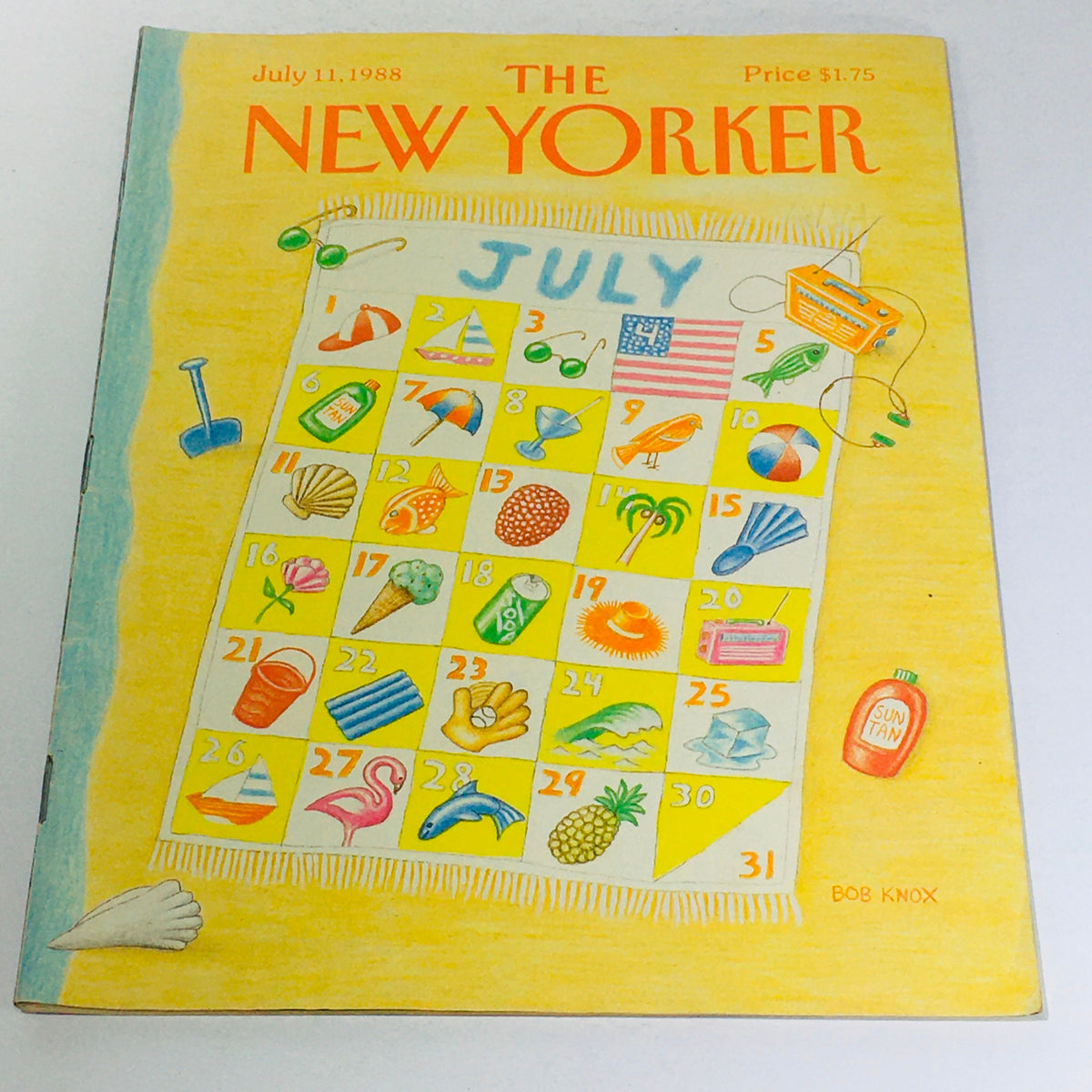 The New Yorker: July 11 1988 - Full magazine cover illustration by Bob Knox depicting a colorful summer calendar theme, featuring various summertime icons such as ice cream, beach balls, and flip-flops.