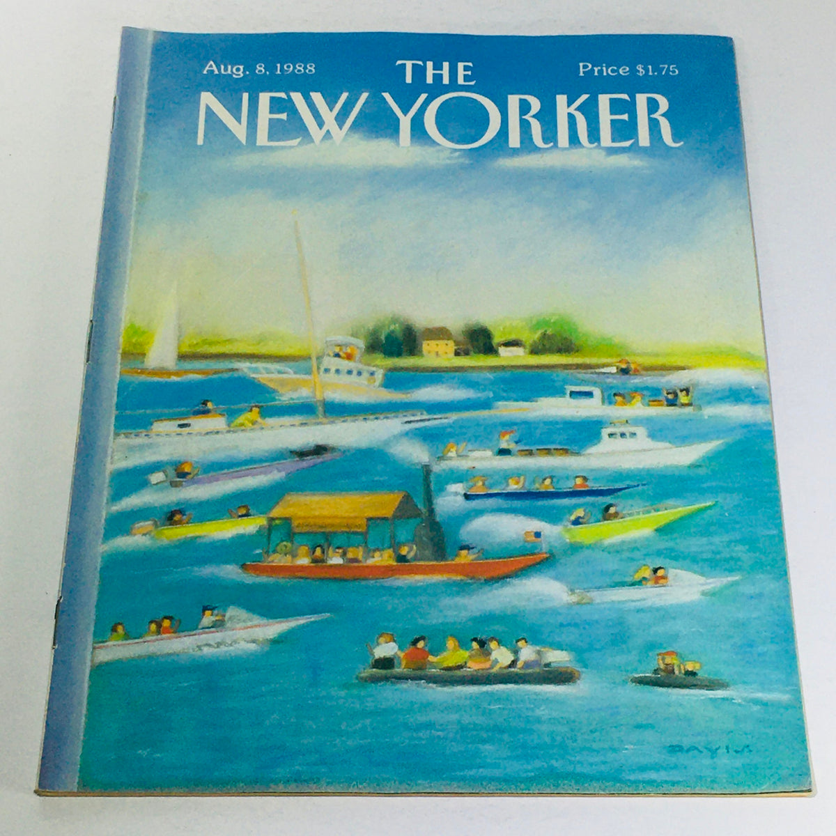 The New Yorker: August 8 1988 - Full Magazine with a vibrant theme cover illustrating boats and people on the water, showcasing Susan Davis's artistic style, priced at $1.75.