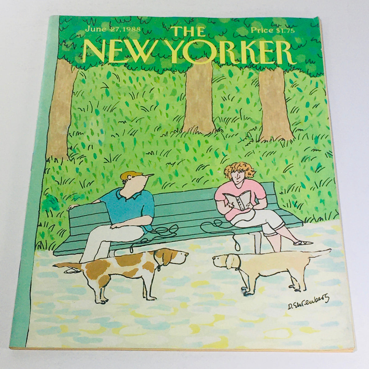 Cover of The New Yorker magazine dated June 27, 1988, featuring an illustration by Devera Ehrenberg, depicting two seated individuals, a man and a woman, enjoying a park setting with their dogs.
