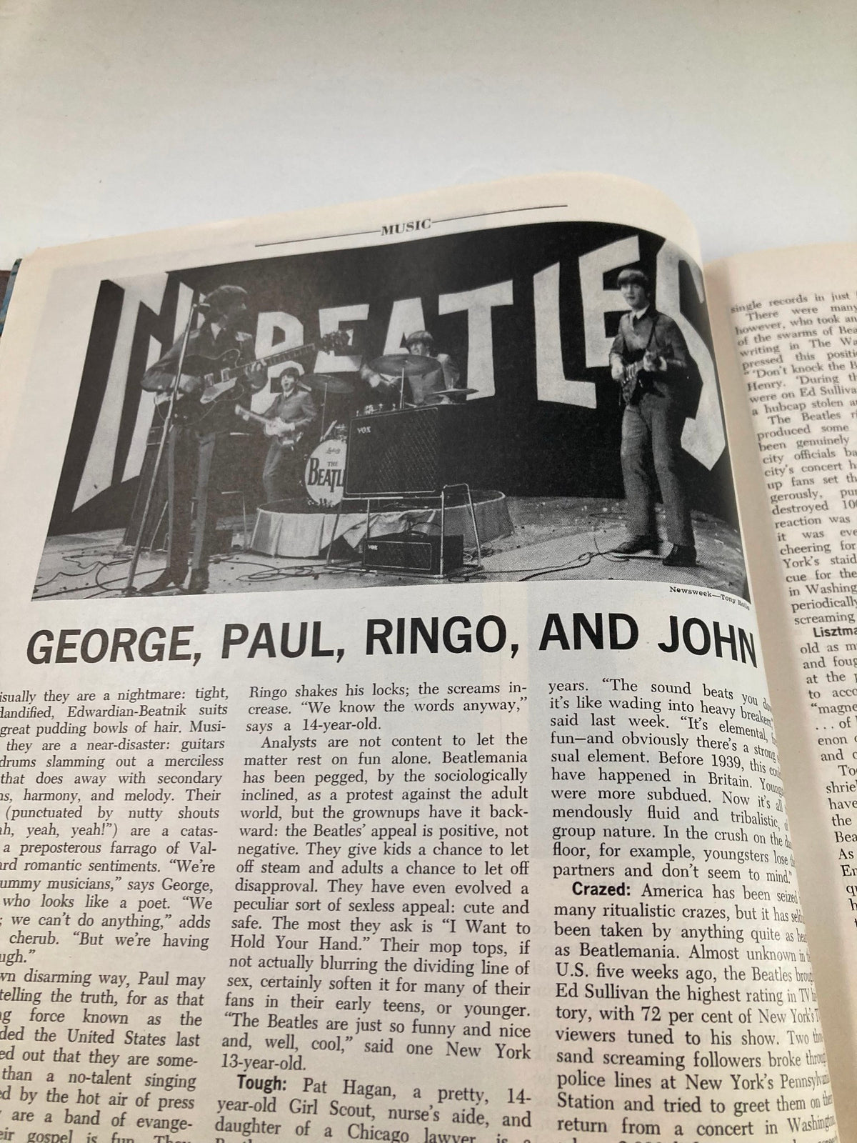 VTG Newsweek Magazine February 24 1964 Bugs About Beatles featuring an image of The Beatles performing on stage, showcasing George Harrison, Paul McCartney, Ringo Starr, and John Lennon, portraying their cultural impact during the 1960s.