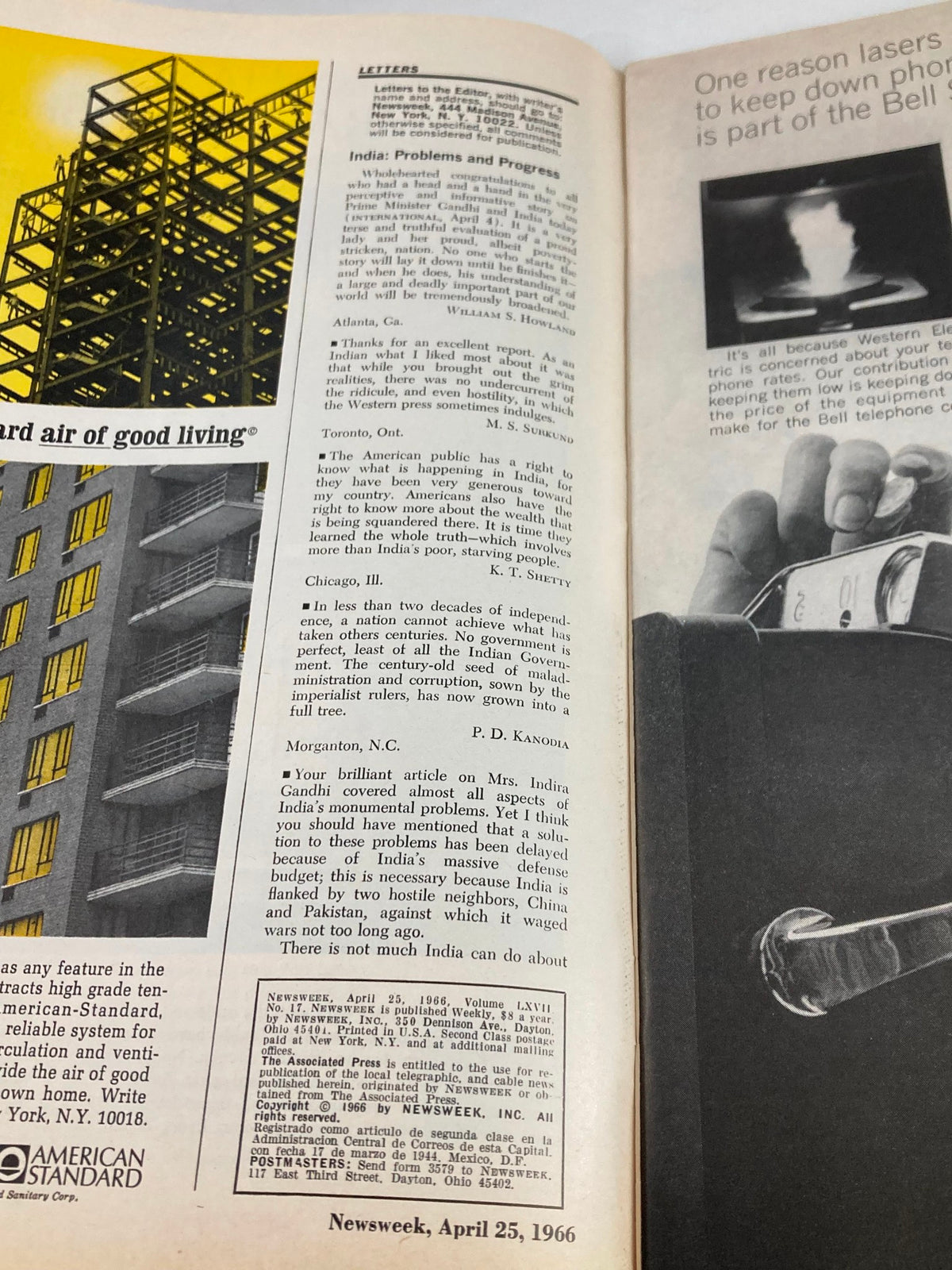 Inside pages of the VTG Newsweek Magazine from April 25, 1966, featuring letters to the editor discussing India and contemporary issues with vibrant images of architecture and technology.