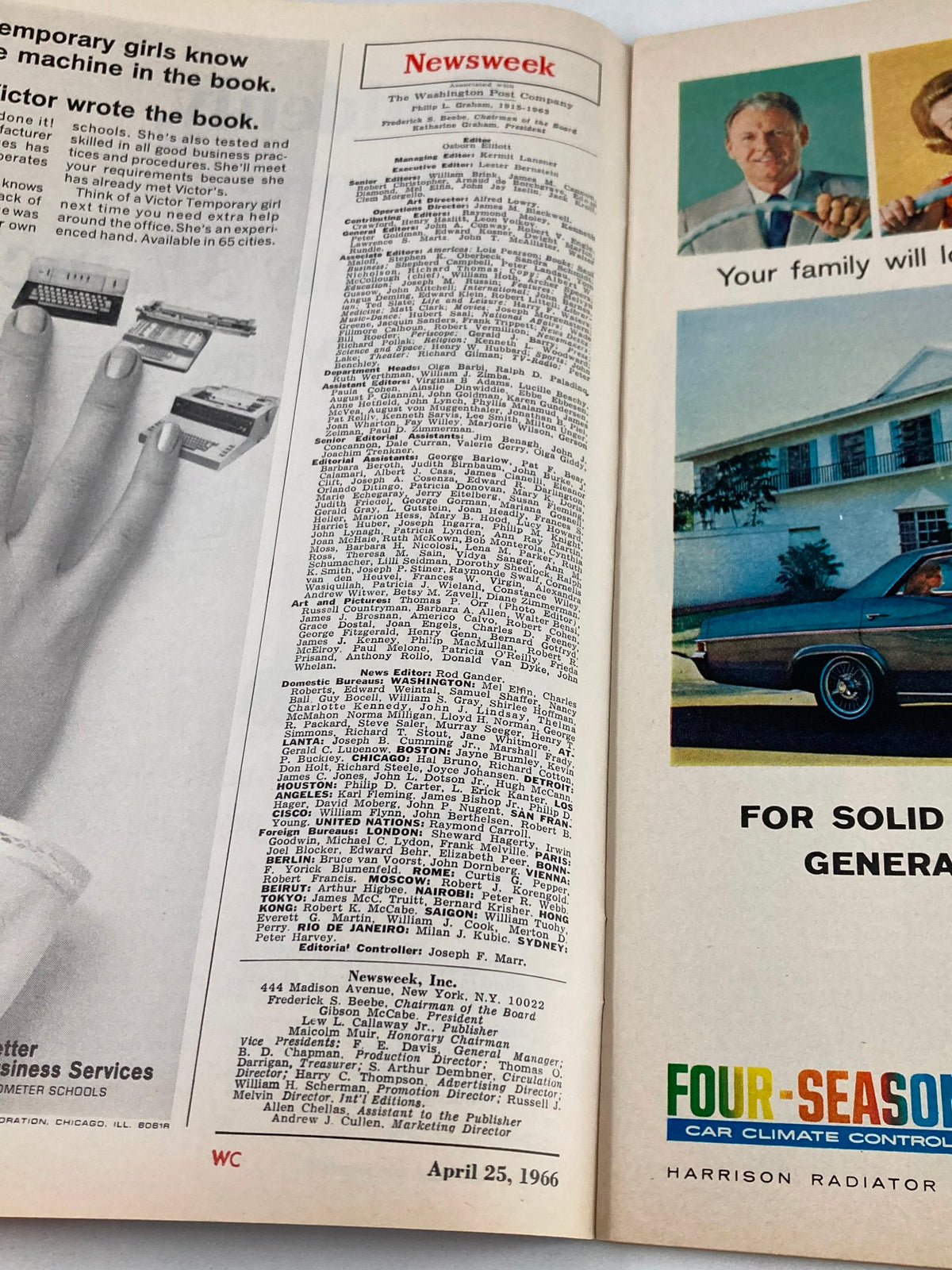 Another view of the inside of the VTG Newsweek Magazine April 25, 1966, showing editorial details alongside advertisements, exemplifying the publication's style and content from that era.
