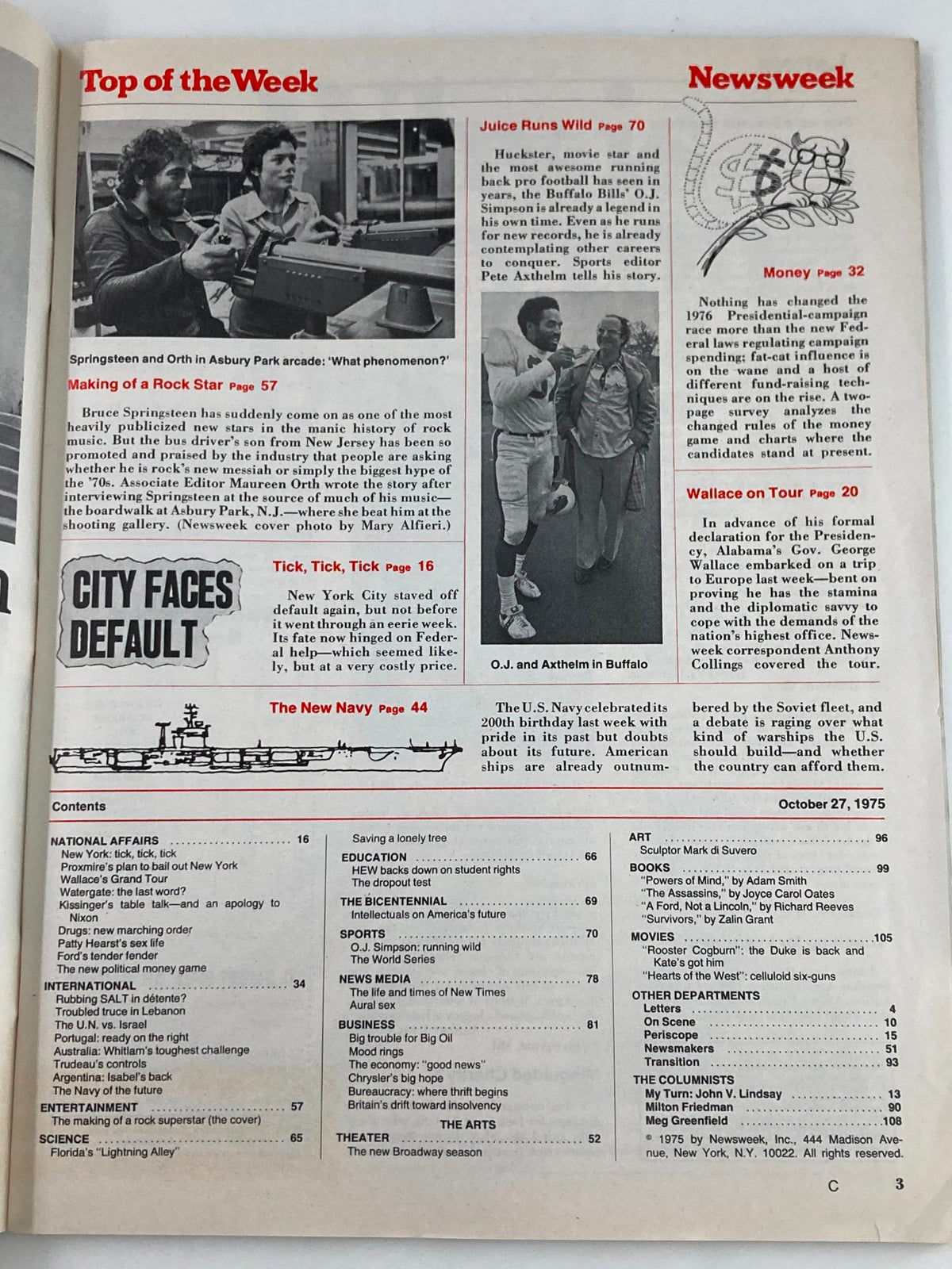 Interior page of VTG Newsweek Magazine October 27 1975 featuring contents including Bruce Springsteen article 'Making of a Rock Star' and cultural highlights from the 1970s.