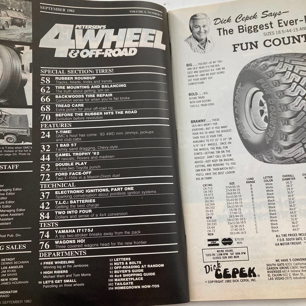Inside page layout of Petersen's 4 Wheel & Off-Road Magazine September 1982 showcasing the table of contents and feature articles.