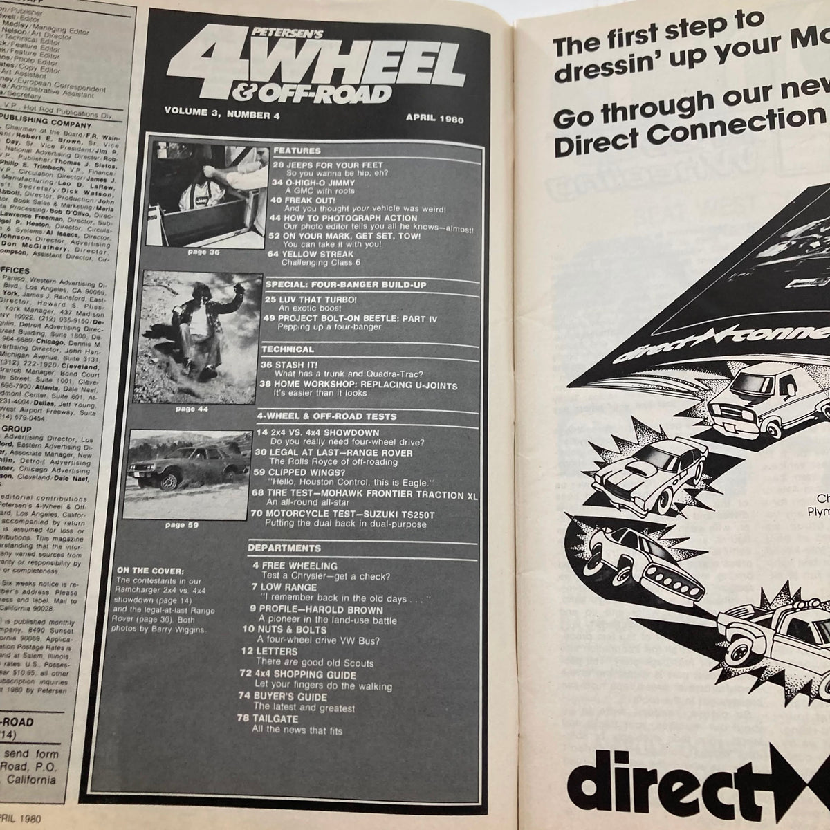 Inside page of VTG Petersen's 4 Wheel & Off-Road Magazine from April 1980, featuring articles on 2x4 vs 4x4 debates and off-road tests. The page showcases the magazine's layout with features, departments, and images.