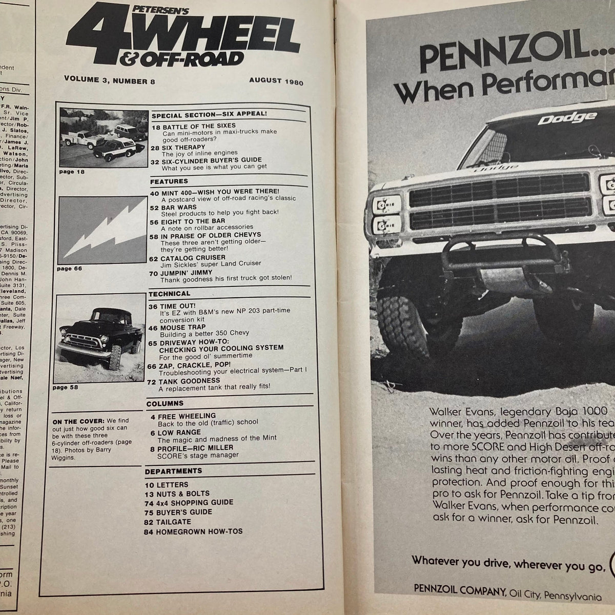 Inside spread of VTG Petersen's 4 Wheel & Off-Road Magazine August 1980 displaying table of contents and features relating to the Mint 400 race, including technical guides and vehicle showcases.
