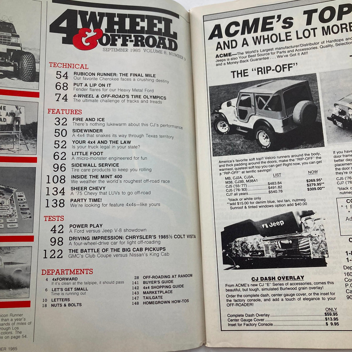 Interior page of VTG Petersen's 4 Wheel & Off-Road Magazine September 1985, showcasing the table of contents with features including 'Power Play: A Ford versus Jeep V-8 Showdown' and various technical articles.