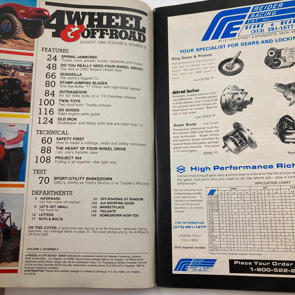 Inside page of VTG Petersen's 4 Wheel & Off-Road Magazine August 1986 showcasing articles and features related to off-roading and vehicle performance.