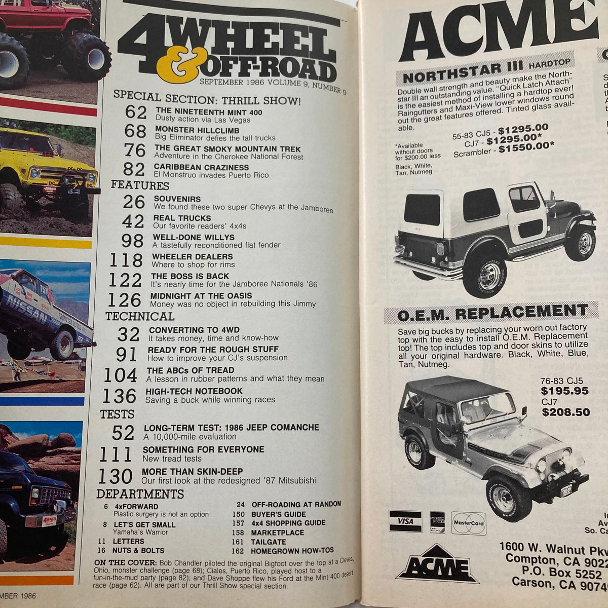 Inside spread of VTG Petersen's 4 Wheel & Off-Road Magazine September 1986 featuring articles and advertisements about off-road vehicles, including a section on monster hill climbing and technical tips for 4WD enthusiasts.
