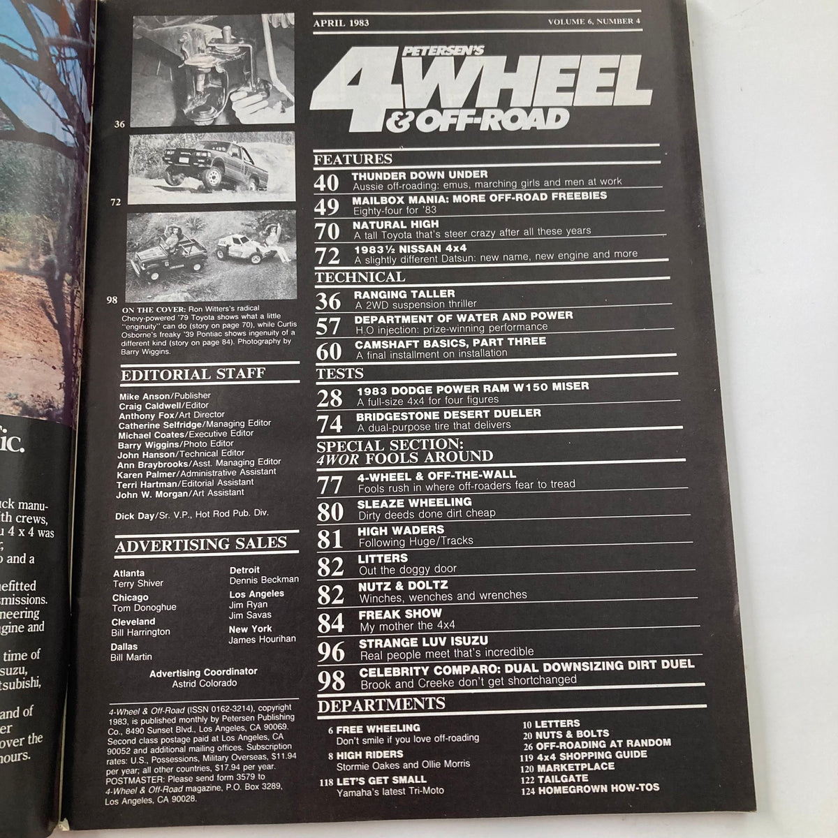 Table of contents from VTG Petersen's 4 Wheel & Off-Road Magazine April 1983 detailing various features and technical articles related to off-roading.