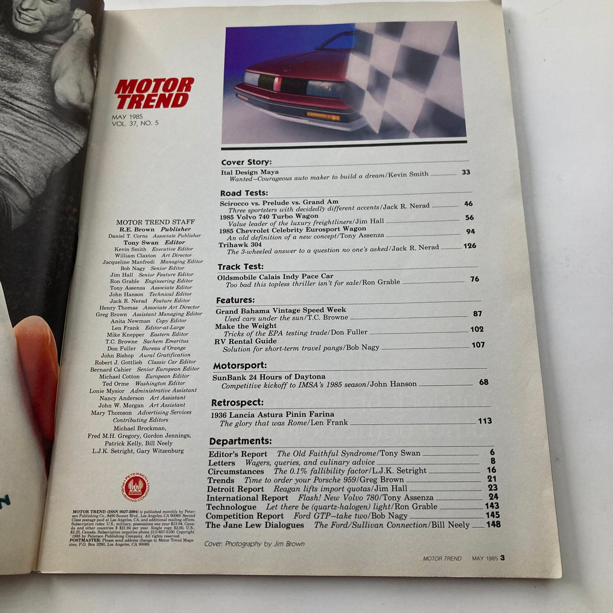 Inside page of the May 1985 Motor Trend Magazine featuring the table of contents. Highlights include the cover story on Ital Design Maya and other automotive reviews. Ideal for vintage magazine collectors interested in classic car design and engineering.