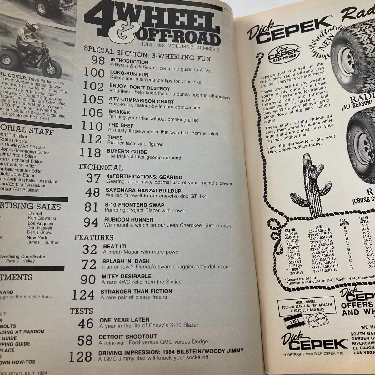 Page from Petersen's 4 Wheel & Off-Road Magazine, July 1984, displaying the contents including features on 3-wheeling fun and technical articles related to off-road vehicles.