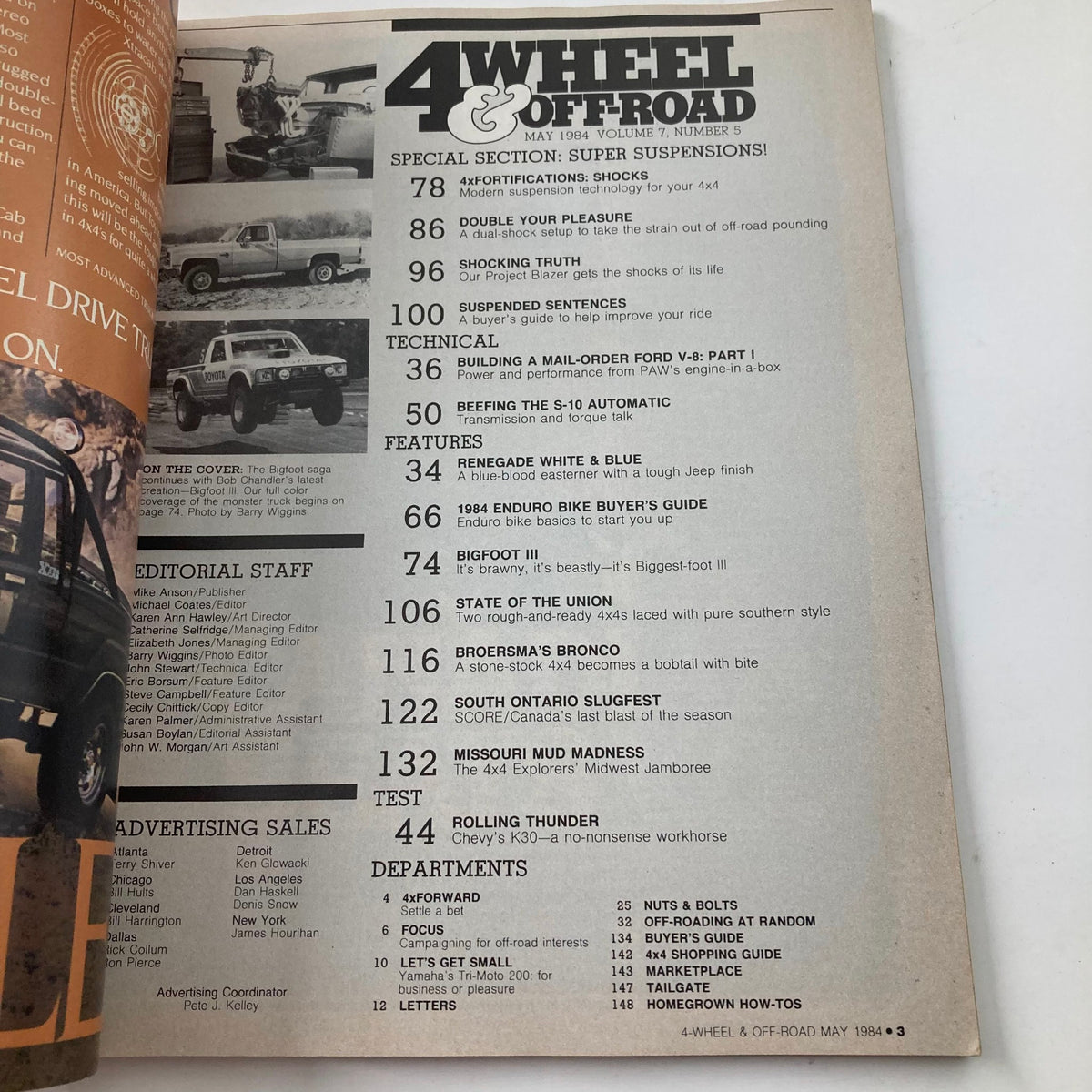 Inside page of VTG Petersen's 4 Wheel & Off-Road Magazine May 1984 displaying the table of contents with featured articles and sections on super suspensions and off-road techniques.