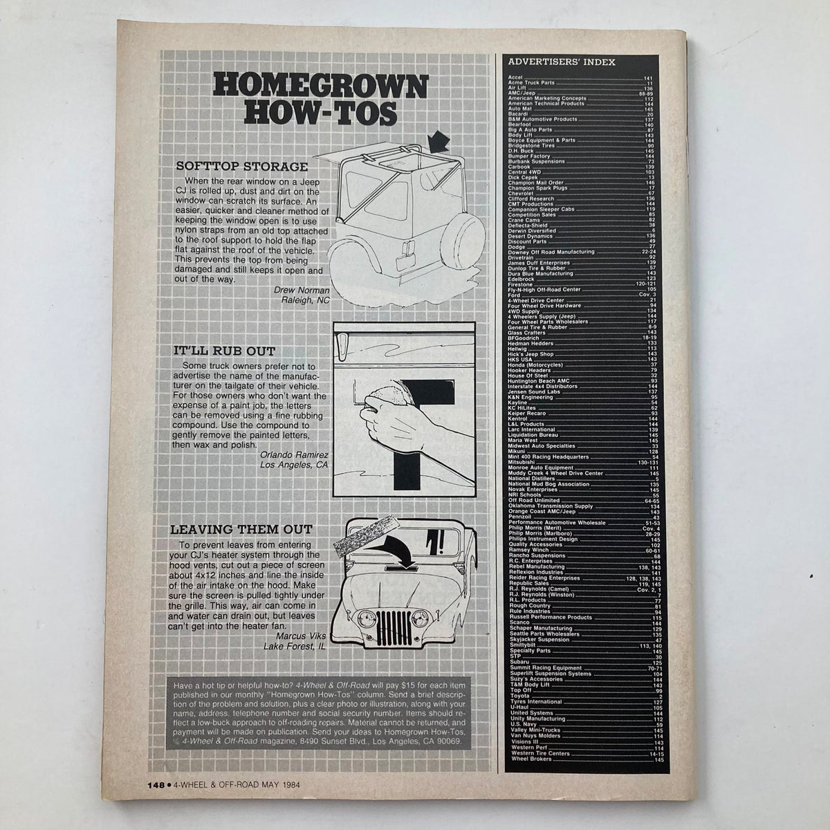 Final page of VTG Petersen's 4 Wheel & Off-Road Magazine May 1984, with How-To tips for vehicle maintenance and repair alongside the advertisers' index.