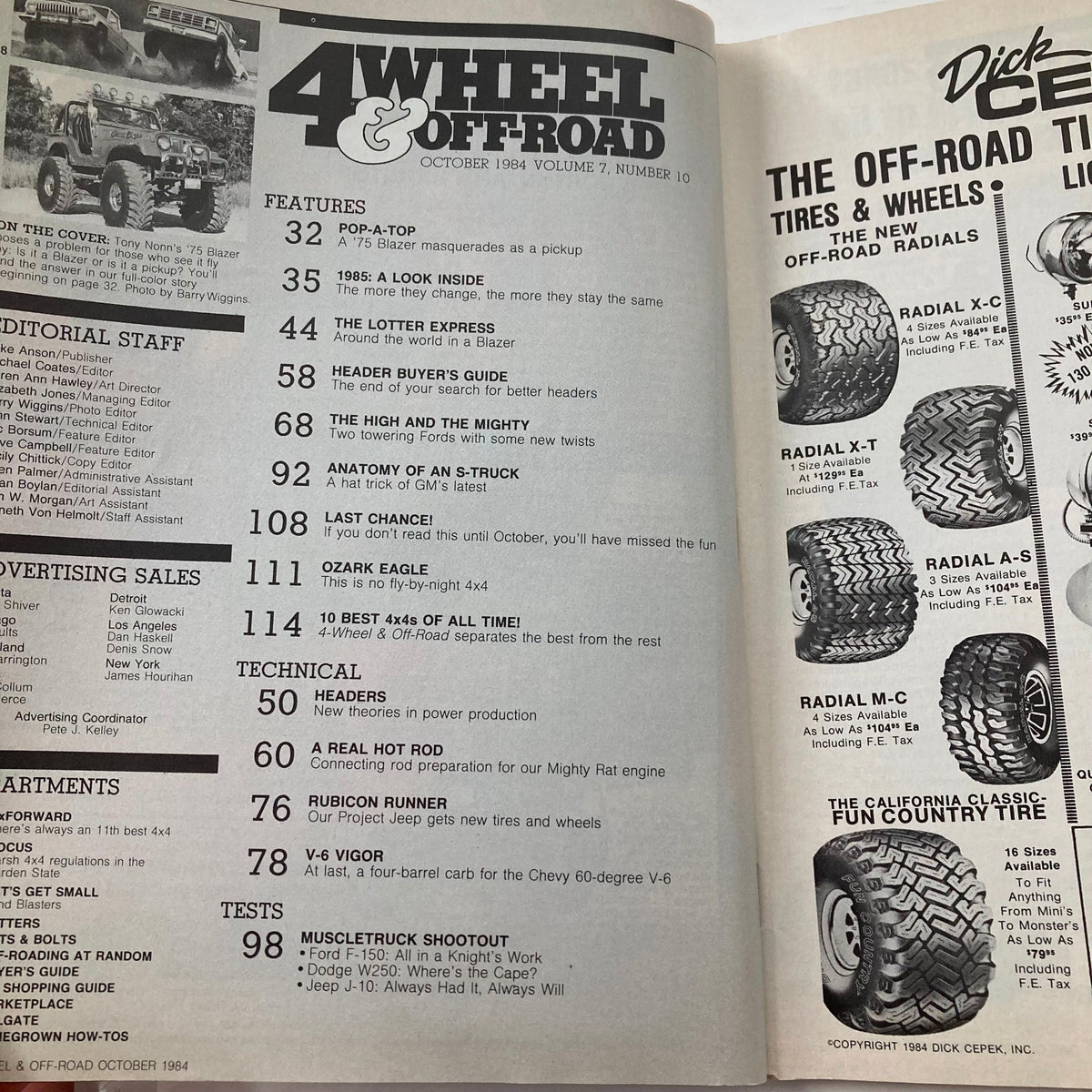 Interior page of VTG Petersen's 4 Wheel & Off-Road Magazine October 1984 featuring index of articles and features including 'Pop-A-Top', 'Header Buyer’s Guide', and 'Muscletruck Shootout', showcasing off-road vehicle culture.