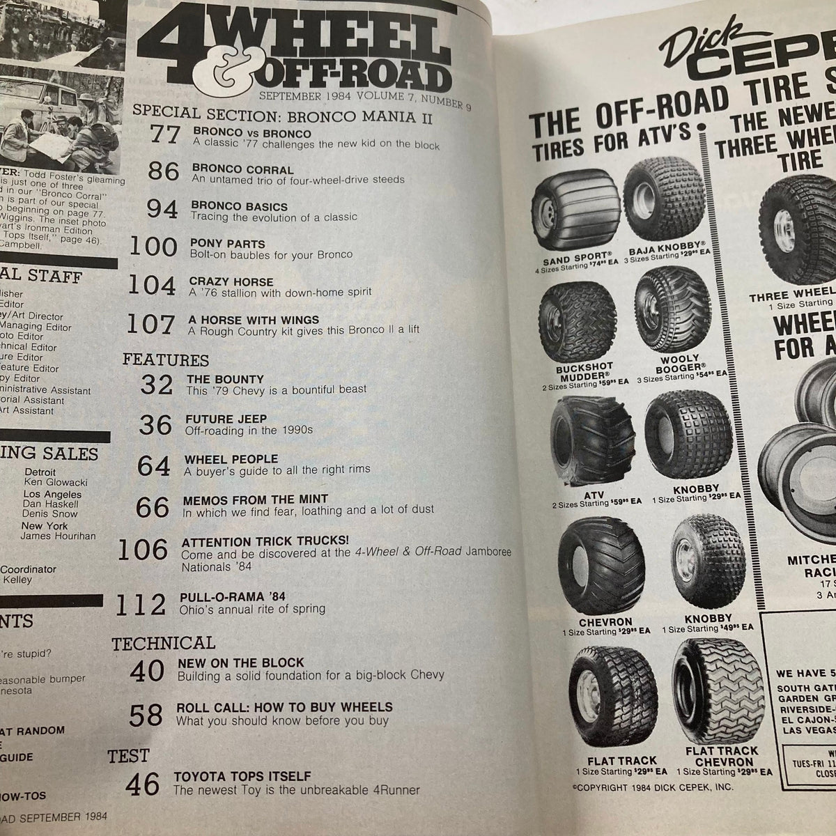 Petersen's 4 Wheel & Off-Road Magazine September 1984 showing the contents page including featured articles like 'Future Jeep' and technical sections, ideal for collectors and Jeep enthusiasts.