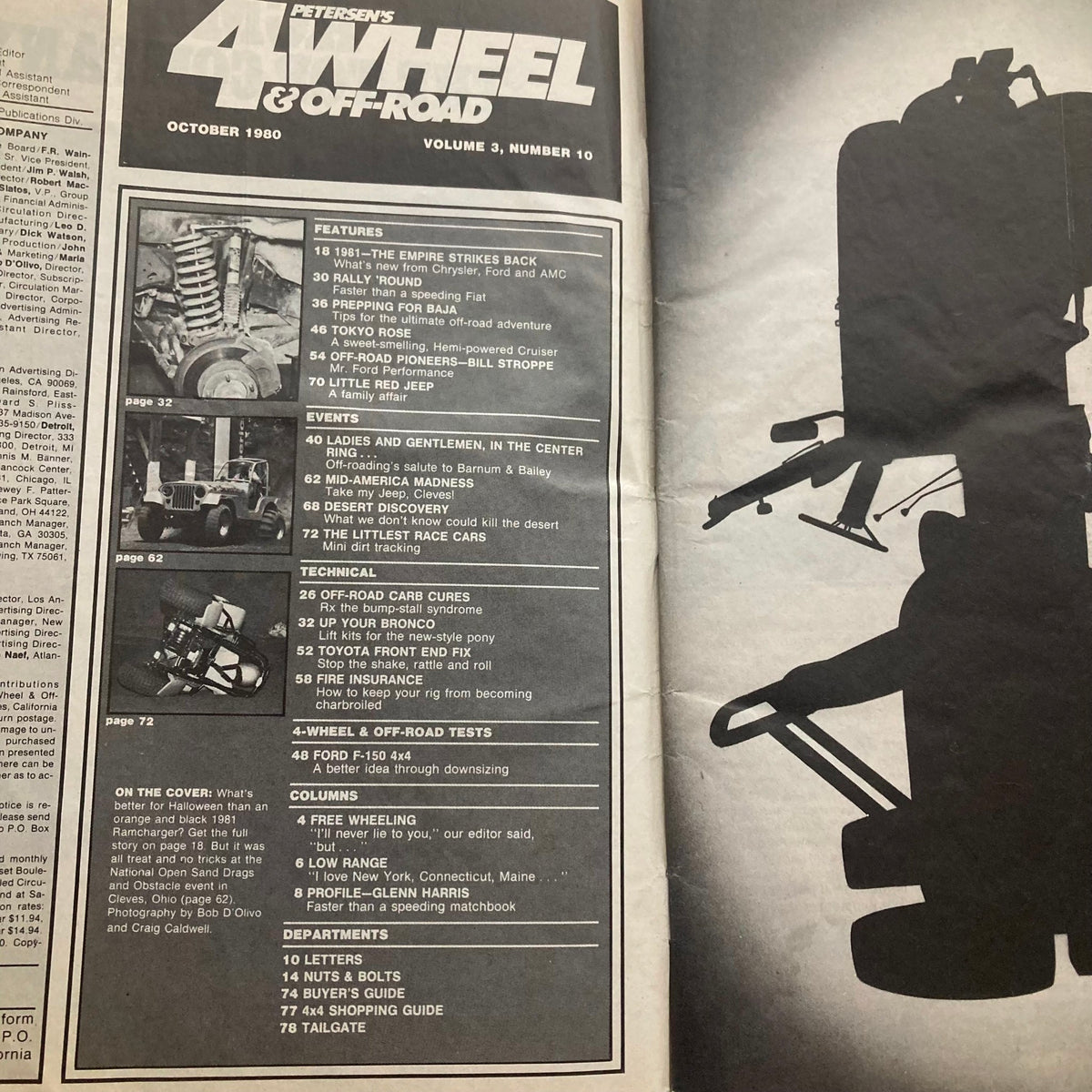 Interior page of Petersen's 4 Wheel & Off-Road Magazine October 1980 showing contents and features related to off-road vehicles.