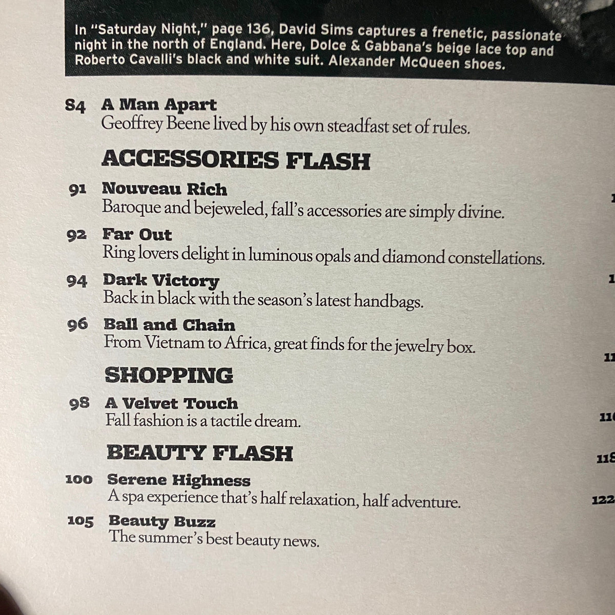 Inside details of W Magazine August 2005 showcasing sections like 'A Man Apart' and 'Accessories Flash', reflecting the fashion trends and articles featured during the era.