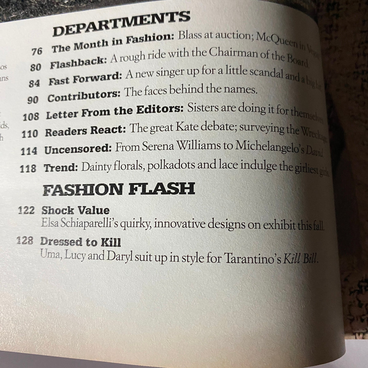 Interior page from W Magazine October 2003 displaying departments and articles, emphasizing fashion insights and celebrity content.