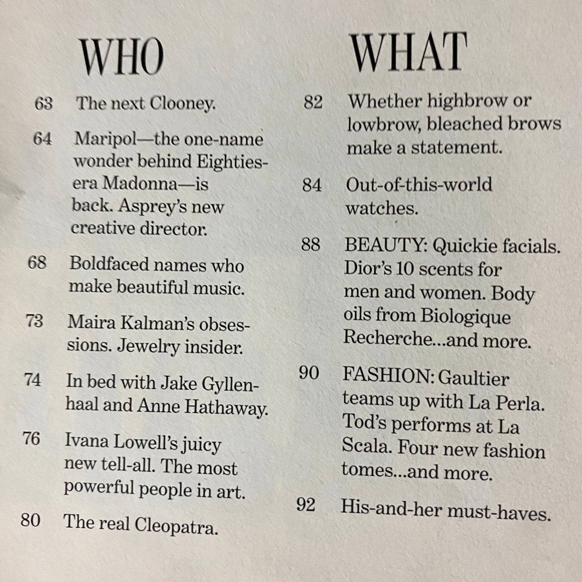 Interior page of W Magazine October 2010 displaying article listings including 'Who' and 'What', featuring segments on contemporary culture and fashion.