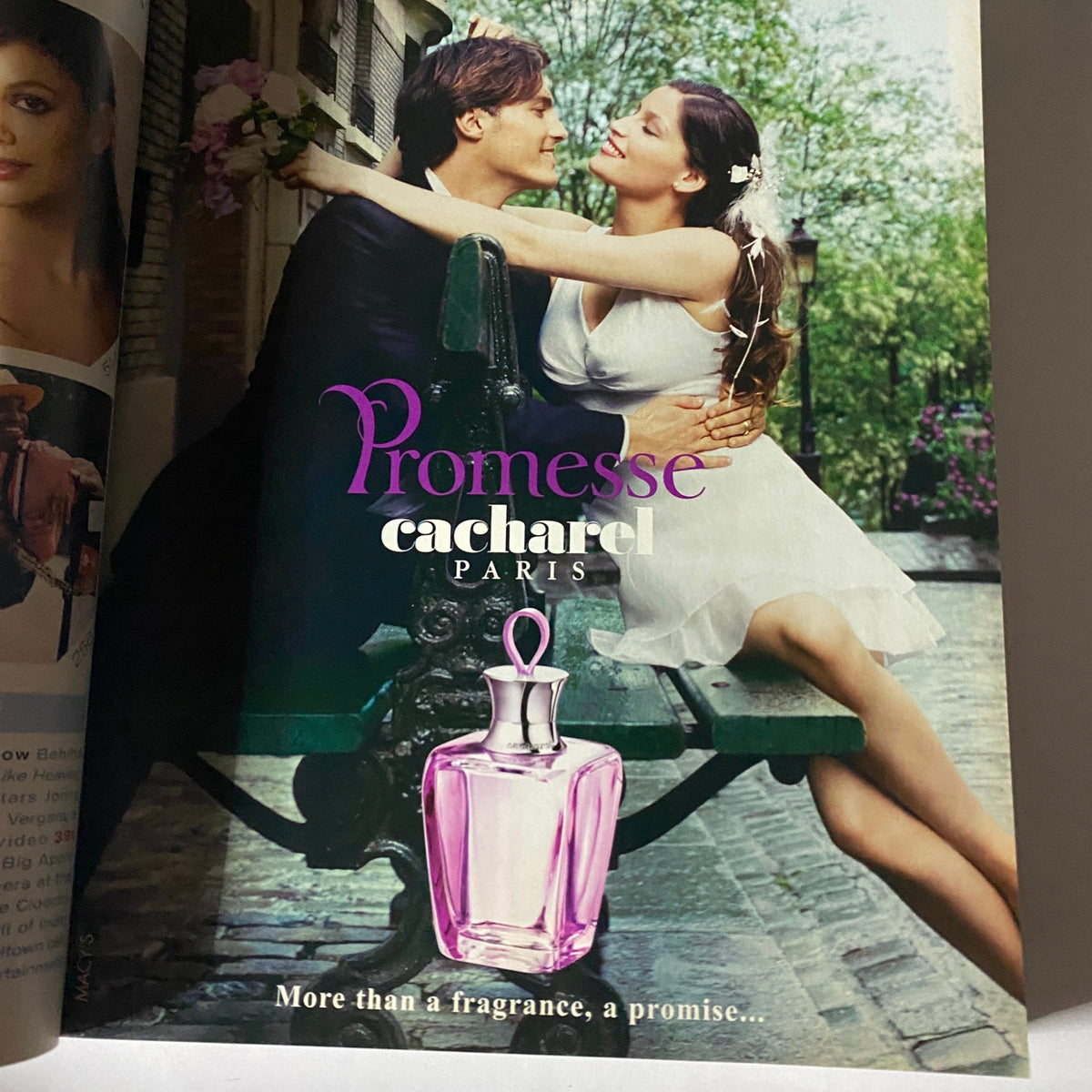 Promesse Cacharel Paris fragrance advertisement from InStyle Magazine September 2005 featuring a couple on a bench, emphasizing romance and beauty, showcasing vintage advertising aesthetics.