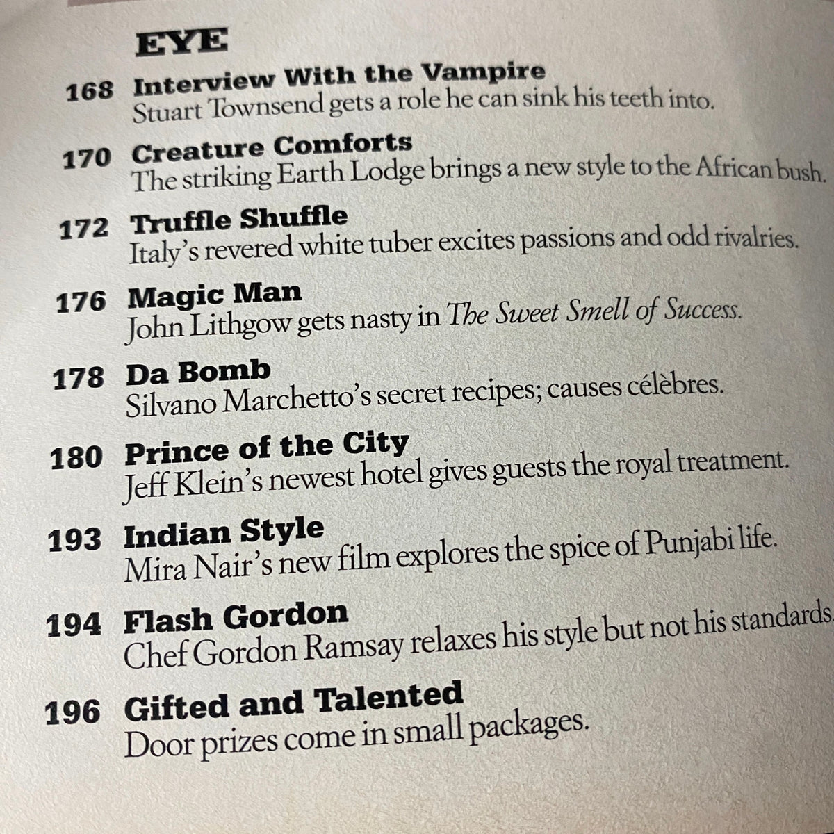 Table of contents from W Magazine March 2002, highlighting articles including 'Interview with the Vampire' and 'Magic Man'.