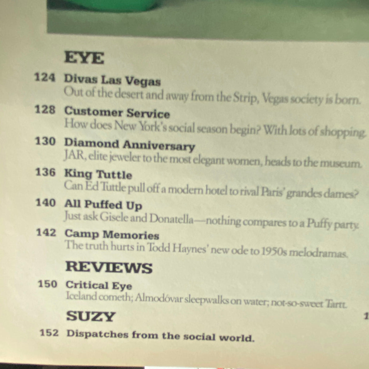 Table of contents from W Magazine November 2002, highlighting key articles and features.