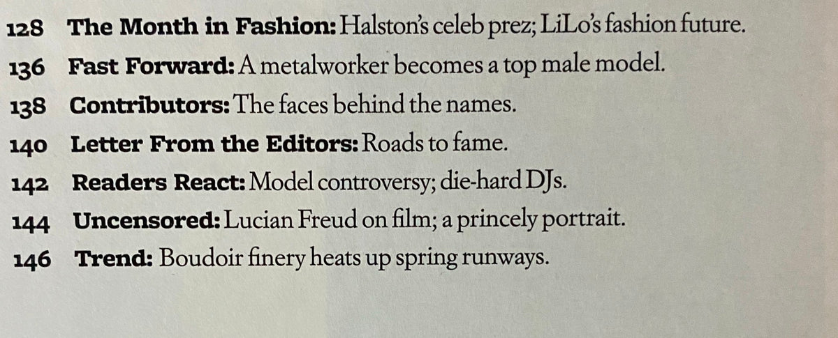 W Magazine March 2010 issue featuring a list of editorial sections including fashion insights and celebrity articles.