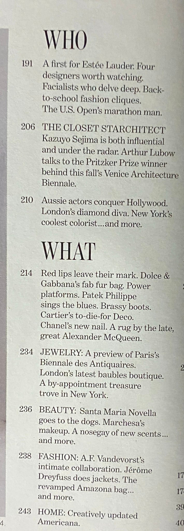 Page detail from W Magazine September 2010 featuring a section titled 'WHO' discussing influential figures in fashion, including a focus on Estée Lauder's designers and the U.S. Open.