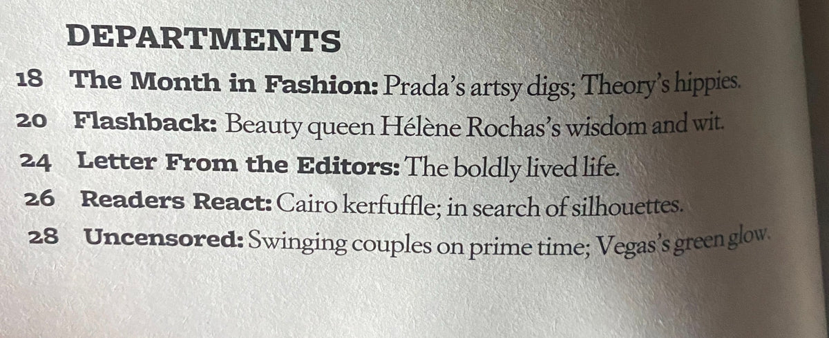 Interior page from W Magazine July 2008, listing magazine departments including fashion highlights and editorial features.