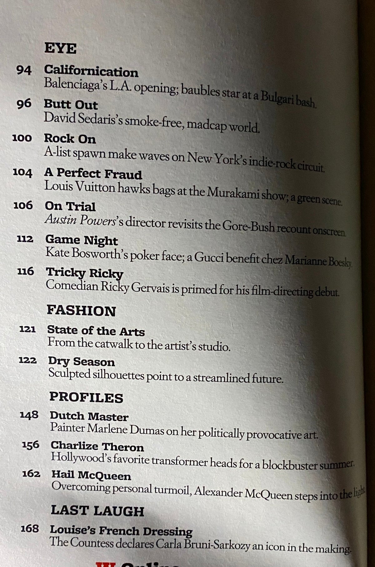 Contents page of W Magazine June 2008, listing articles and features, highlighting topics on fashion and celebrity.