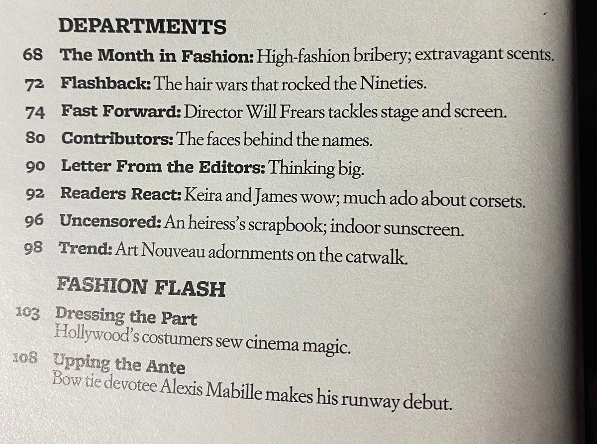 Interior page of W Magazine April 2008 displaying various departments and features, including 'The Month in Fashion' and 'Trend: Art Nouveau adornments'.