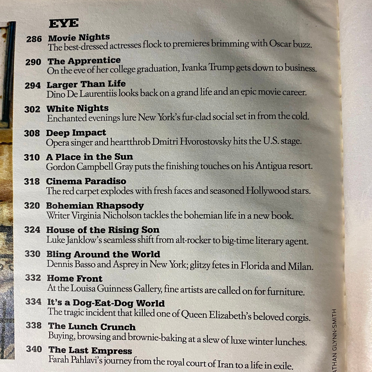 Table of contents page from W Magazine March 2004, presenting featured articles and insights on film and fashion.