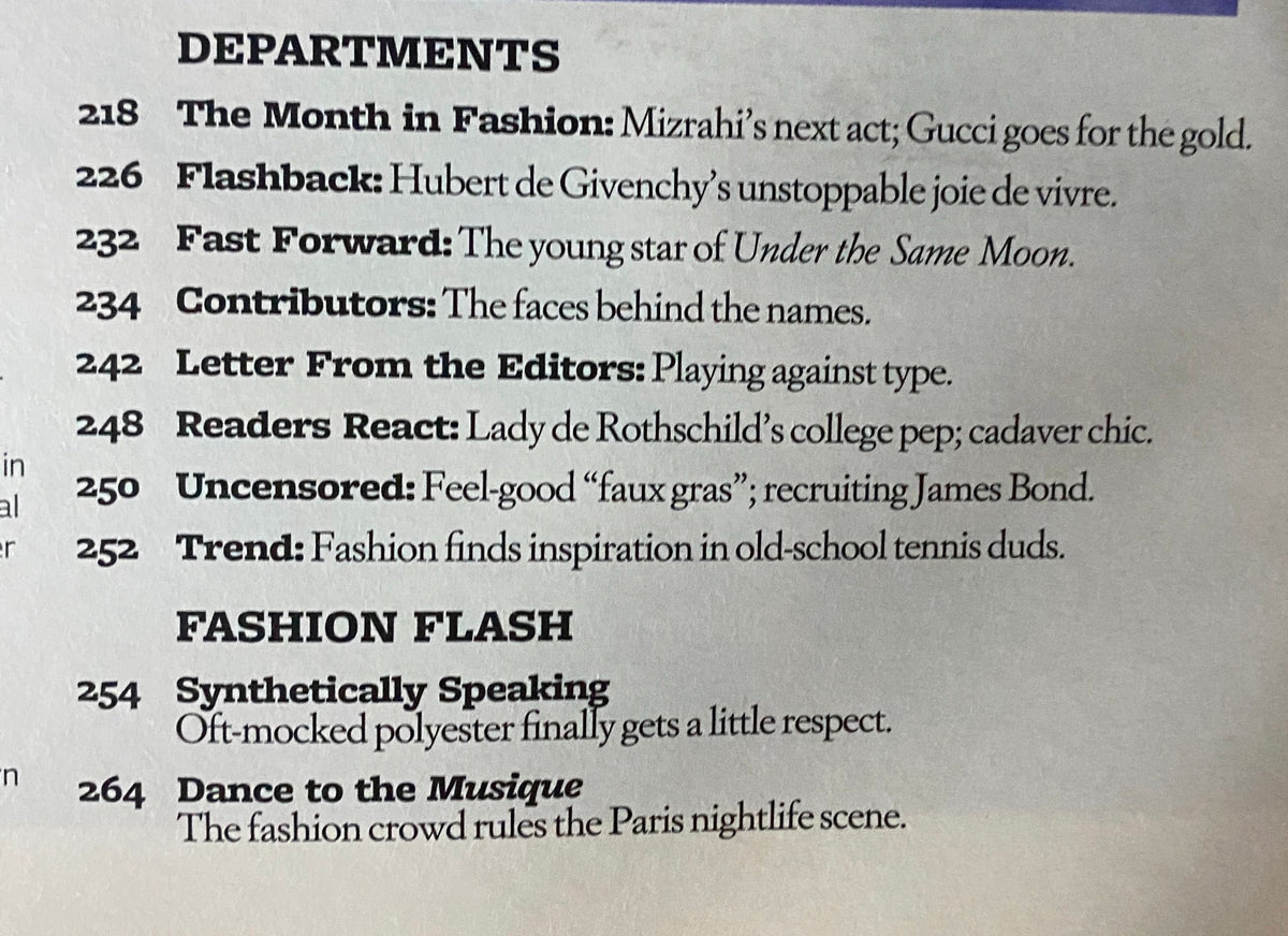 Contents page of W Magazine March 2008 with sections including fashion trends and editor's letters.