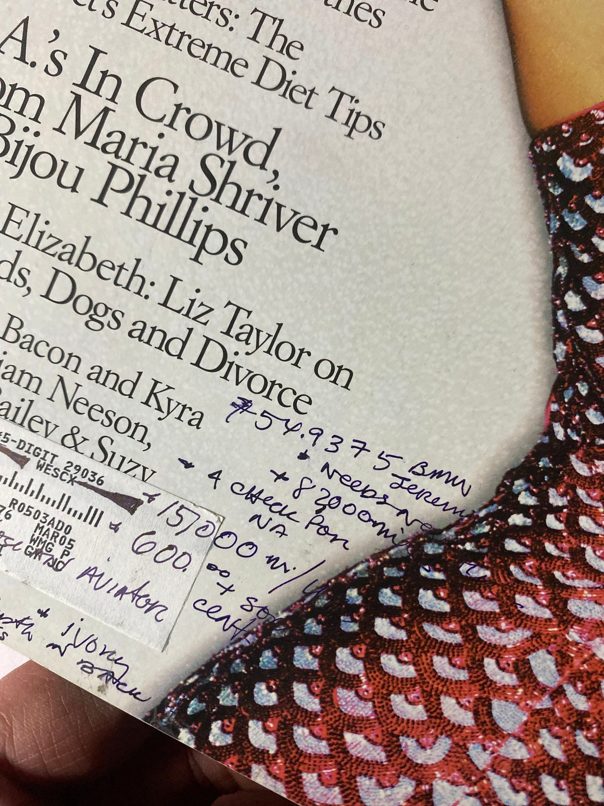 Close-up of notes and details on the cover of W Magazine December 2004 featuring Daria Werbowy, showcasing handwritten annotations, emphasizing the magazine's collectible nature.