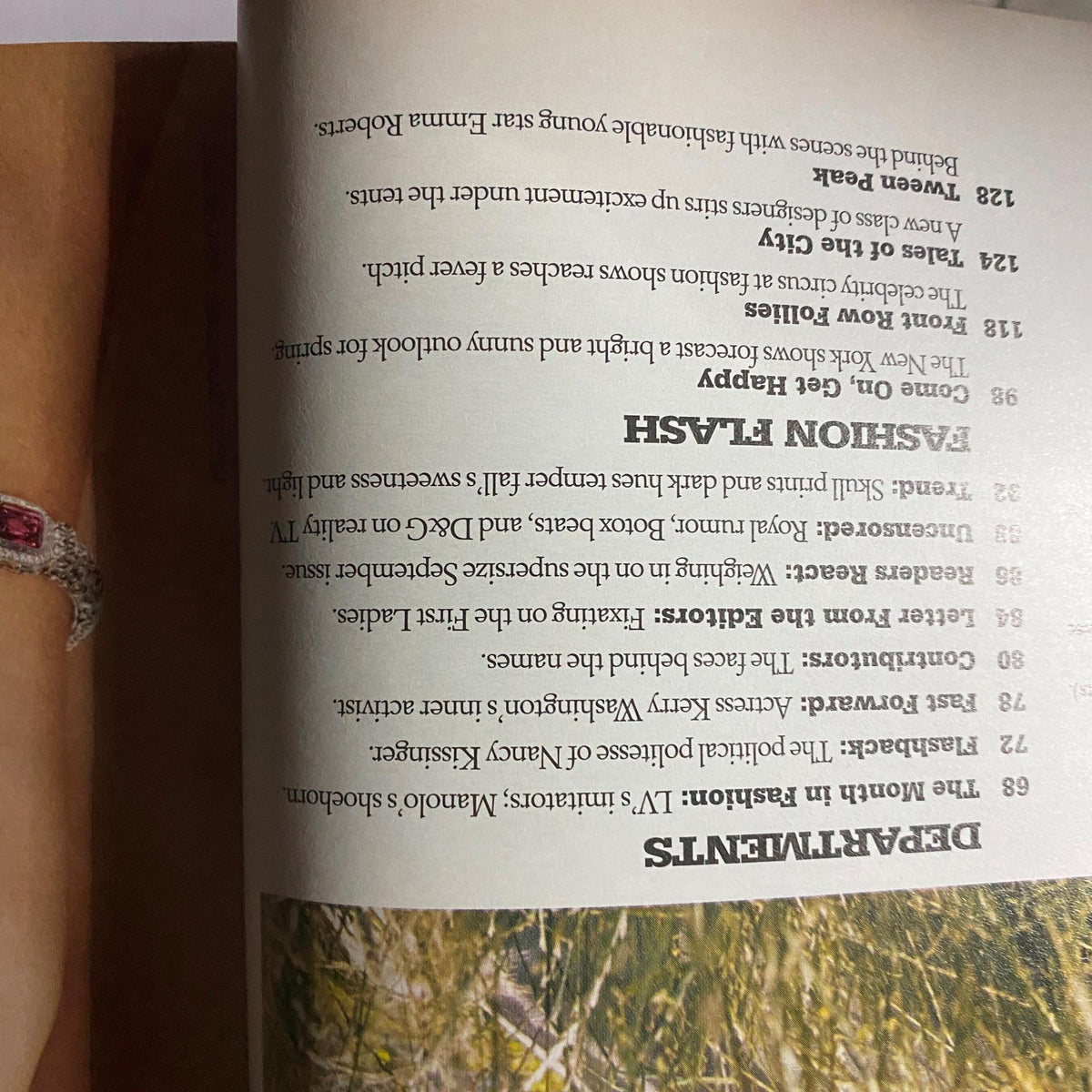 Contents page of W Magazine November 2004, featuring sections on fashion and cultural trends, focusing on notable articles.