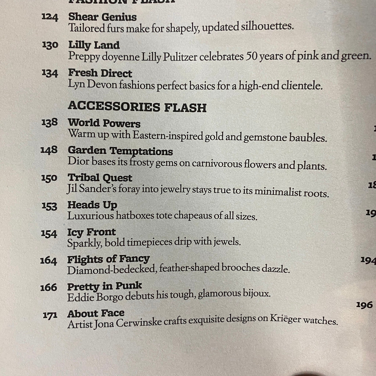 Table of contents page from W Magazine December 2008 listing fashion features and articles, including insights into celebrity culture and style trends.