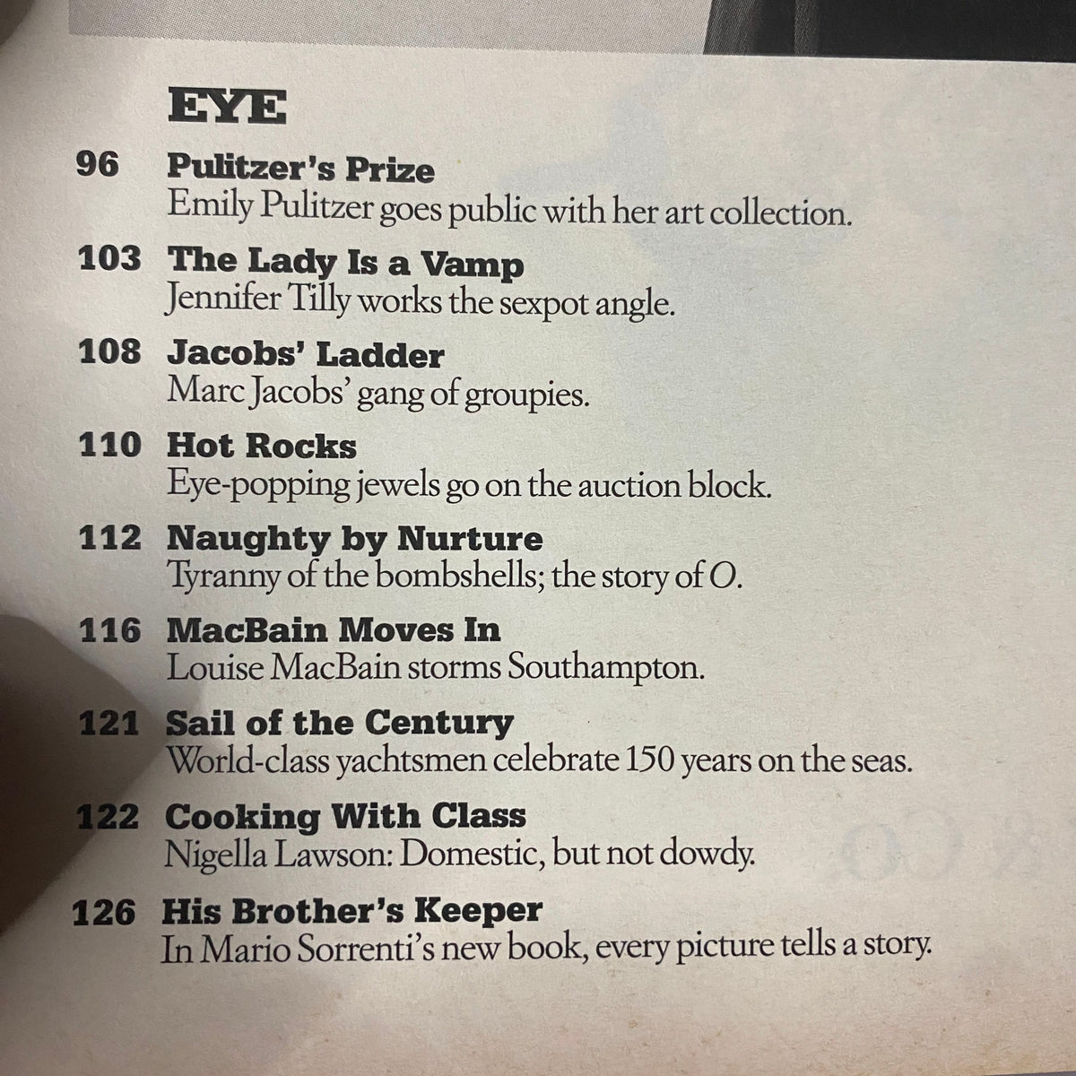 Contents page excerpt from W Magazine November 2001, detailing articles including "The Lady Is a Vamp" and "Cooking With Class."