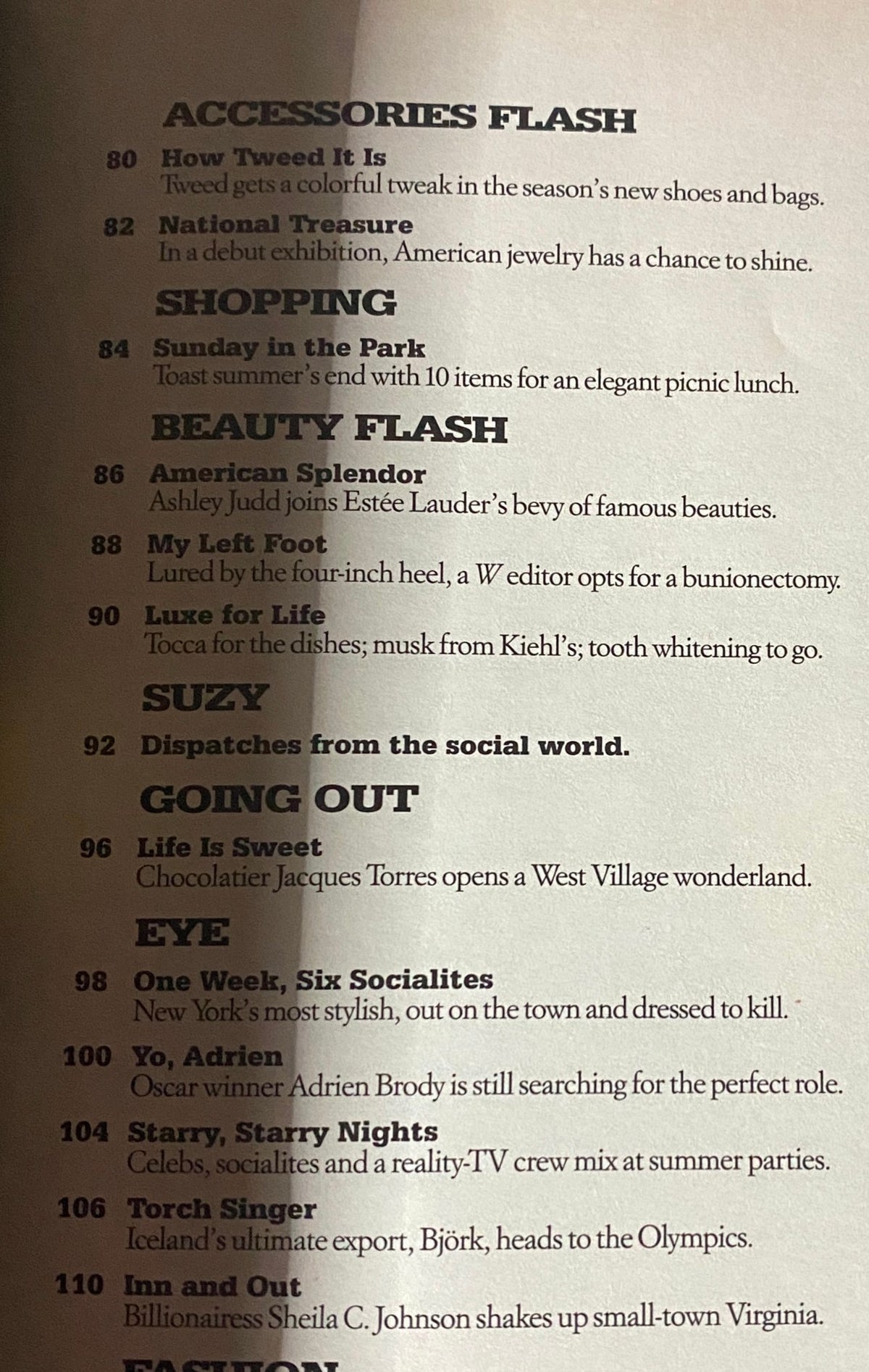 Contents page of W Magazine August 2004, featuring various topics including accessories, shopping, and beauty highlights.