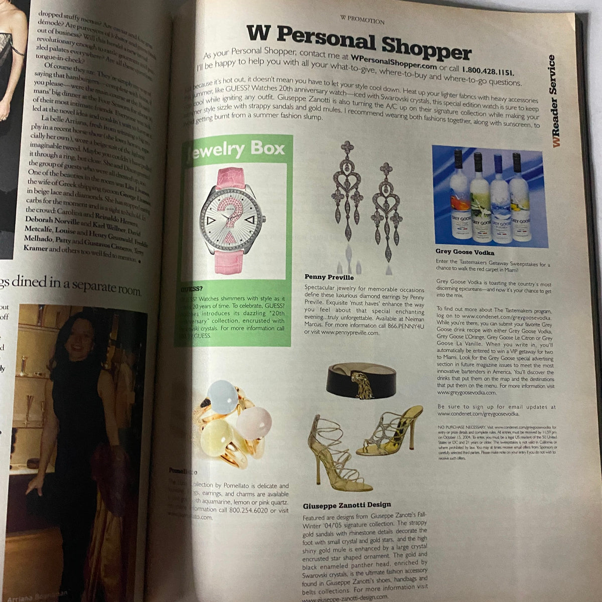Interior page from W Magazine August 2004 featuring personal shopper section with jewelry and fashion items, including a watch, earrings, and bottles of Grey Goose vodka.