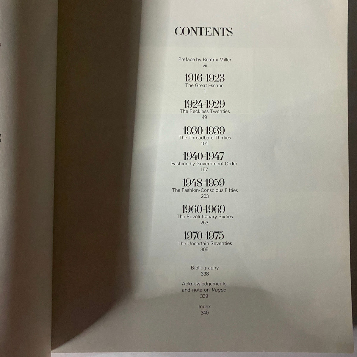 Table of Contents from 'In Vogue: Sixty Years of Celebrities and Fashion from British Vogue', outlining key sections covering decades of fashion history.