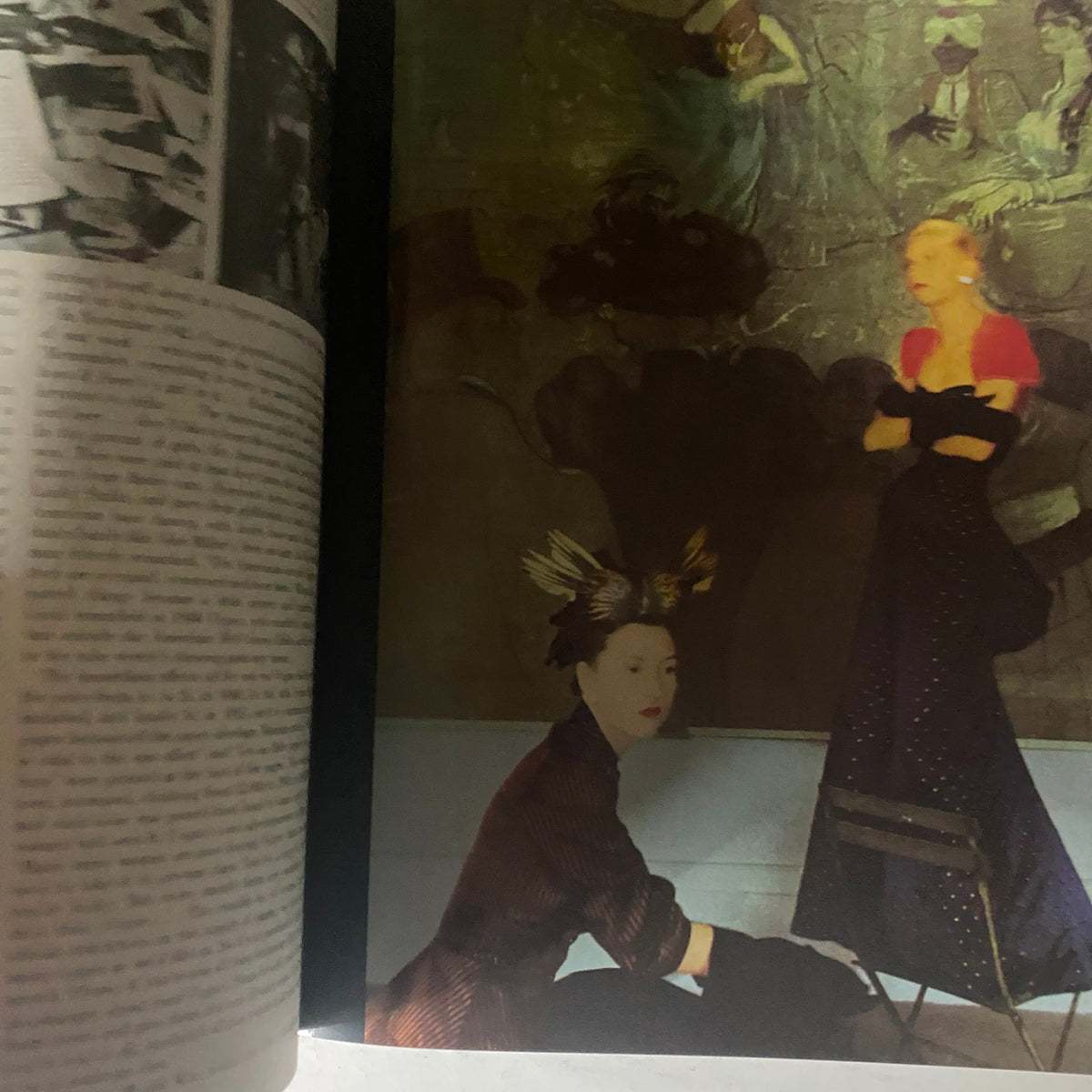 An artistic page from 'In Vogue: Sixty Years of Celebrities and Fashion from British Vogue VG' showcasing vintage fashion illustration and design. The image features intricate details and rich colors representing iconic styles.
