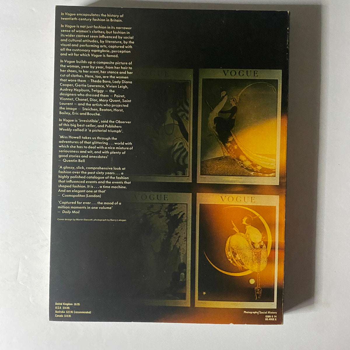 The back cover of 'In Vogue: Sixty Years of Celebrities and Fashion from British Vogue VG' that highlights influential figures in fashion history. The design prominently displays Vogue covers and succinct reviews about the magazine's impact.