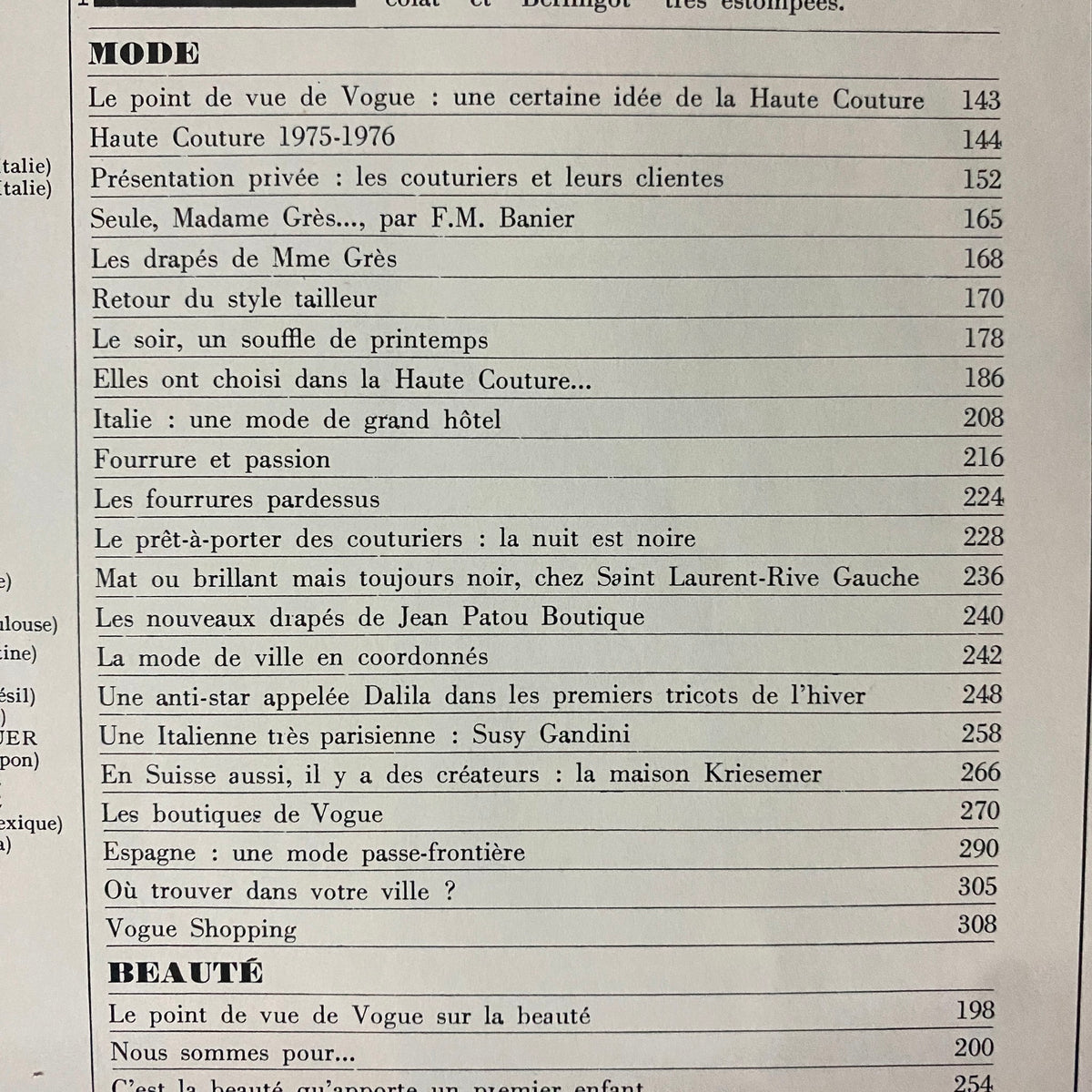 Contents page of Vogue Paris Magazine September 1975 listing key articles focused on haute couture, designers, and fashion trends of the era.