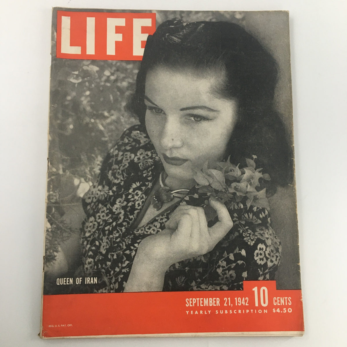 Vintage Life Magazine from September 21, 1942, featuring the Queen of Iran, Fawzia Fuad of Egypt, elegantly posed on the cover with floral accents.