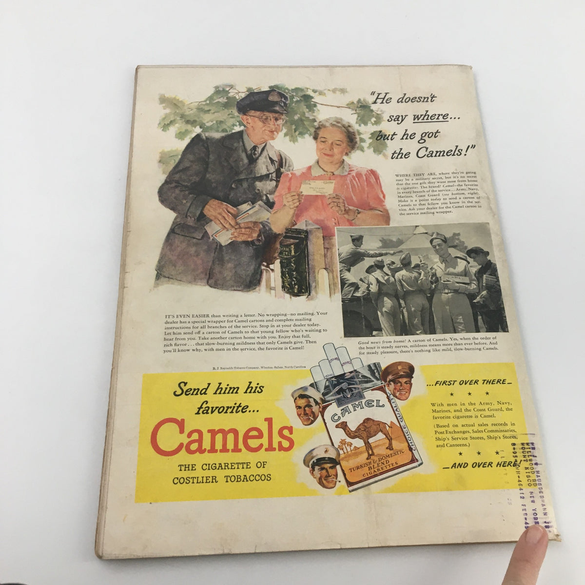 Back cover of the vintage Life Magazine from September 21, 1942, displaying a colorful advertisement for Camels cigarettes with illustrations of service members.