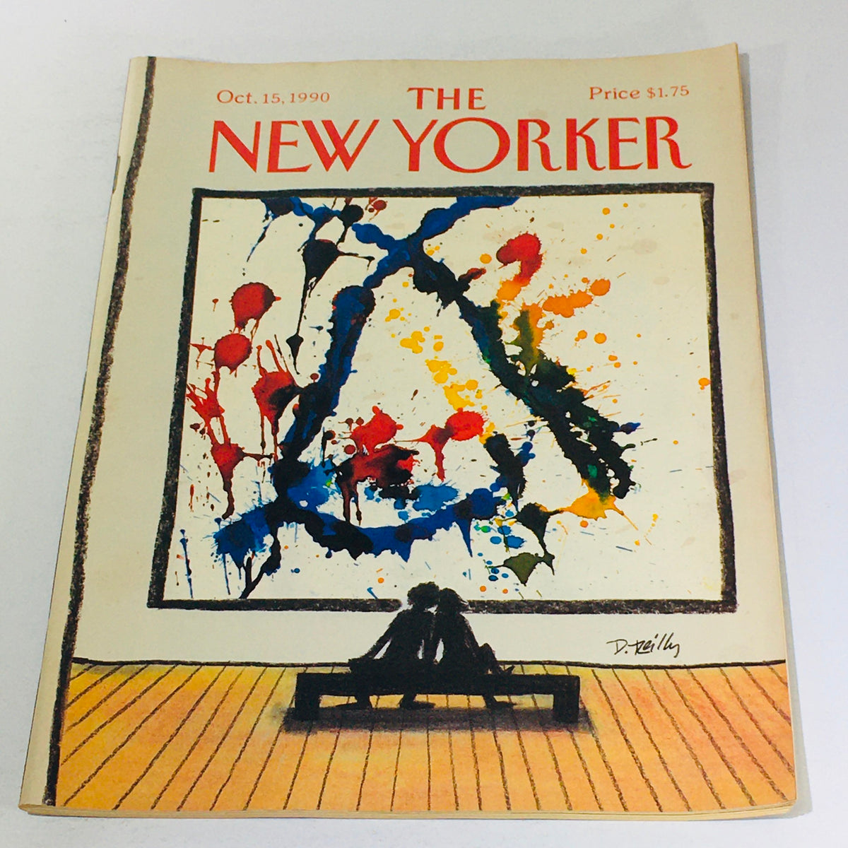 Cover of The New Yorker magazine, October 15, 1990, featuring an abstract art piece with splashes of color inspired by Donal Reilly, showcasing a couple sitting in an art gallery.