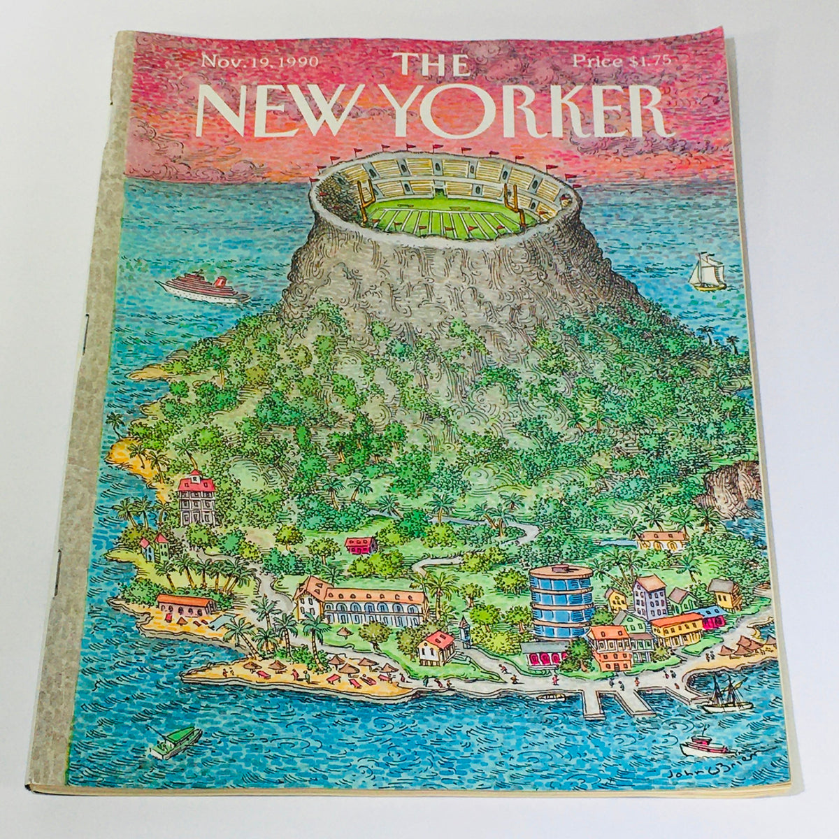Cover of The New Yorker Magazine from November 19, 1990, featuring 'The Island Dome' by John O'Brien, showcasing a vibrant illustration of a volcanic island with lush greenery and colorful buildings.
