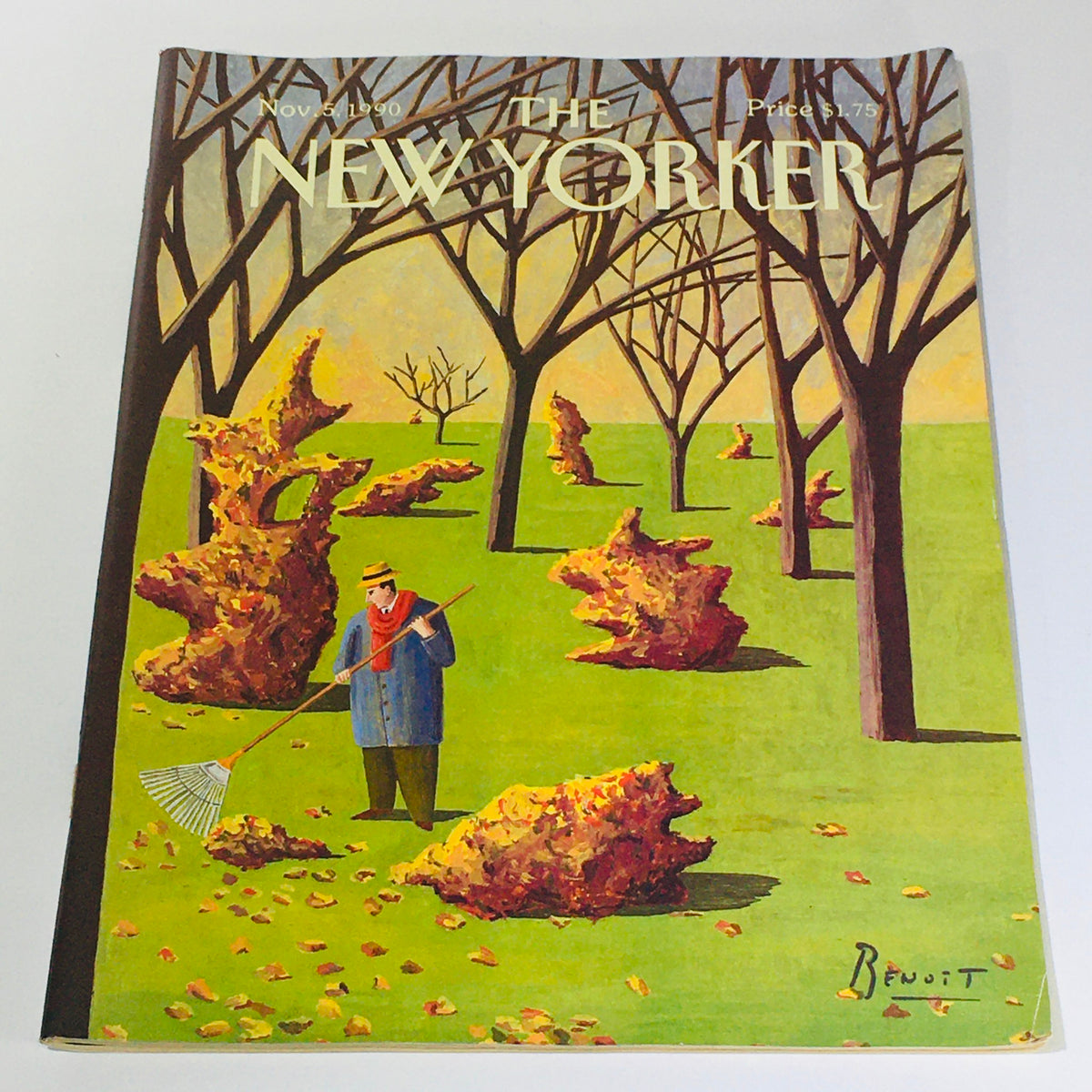 The New Yorker: November 5 1990 - Full Magazine featuring the theme cover by Benoit Van Innis, depicting a man raking leaves in a park with abstract leaf piles and bare trees.